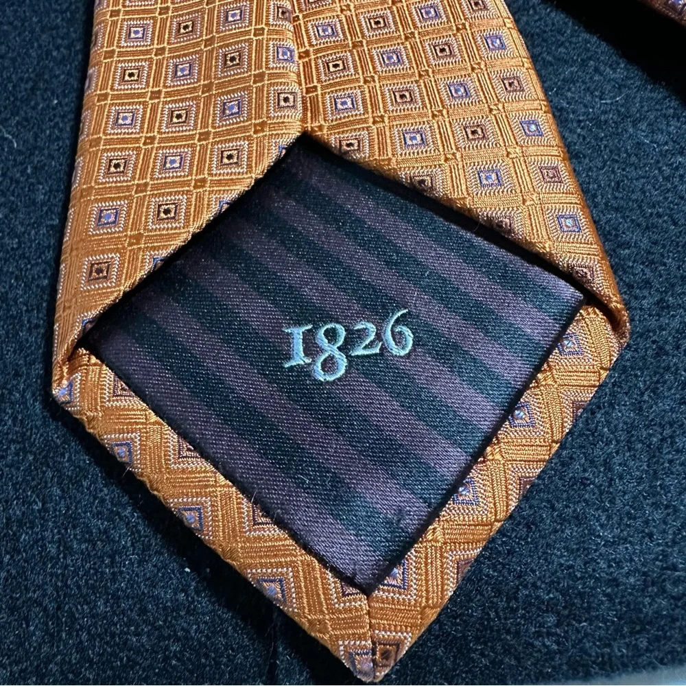 Black Brown 1826 Tie – Rich Pumpkin with Light Blue Squares- 100% Silk